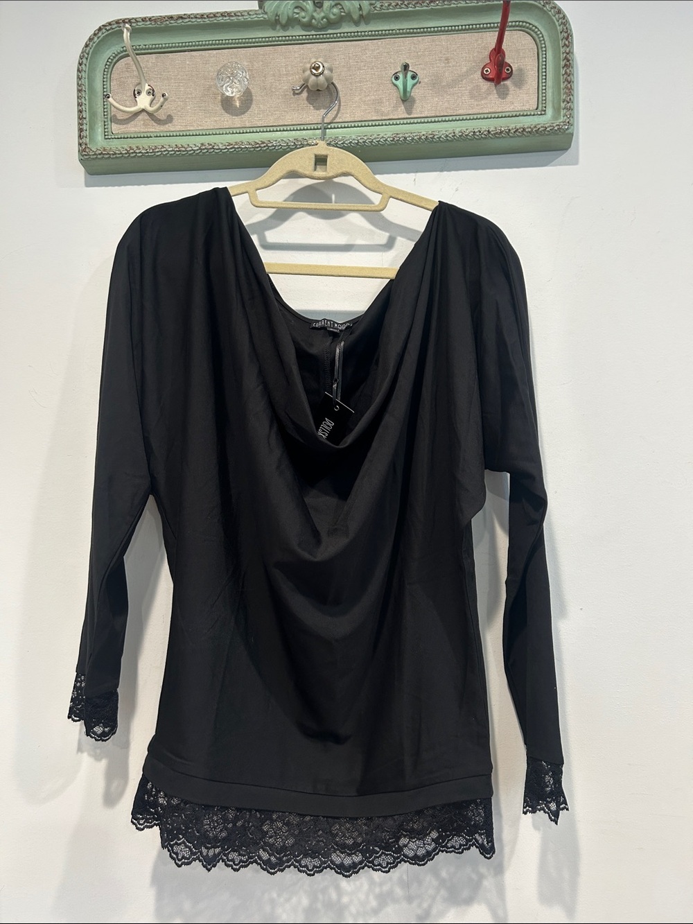 Current mood dolls kill black lace trim long sleeve sexy cowl neck top large new